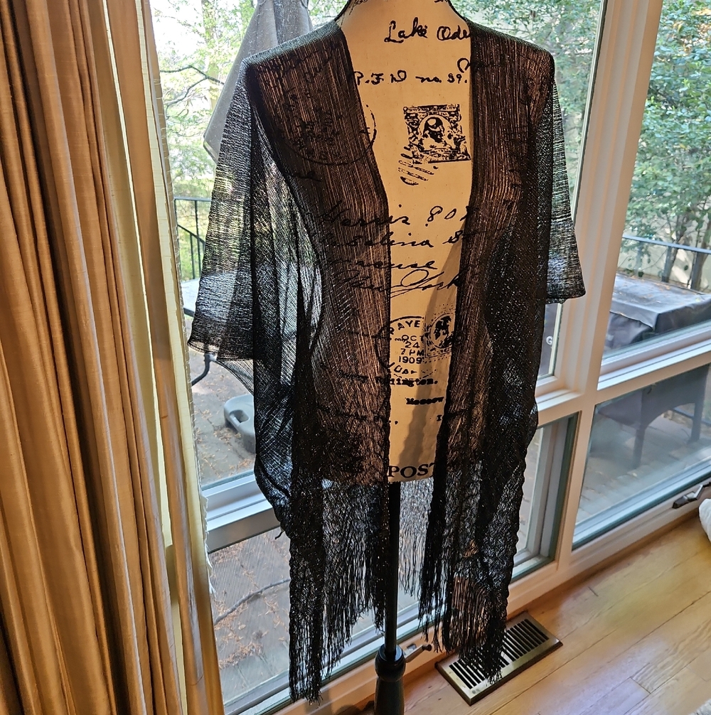 Black Sheer Fringe Open-Front Kimono
